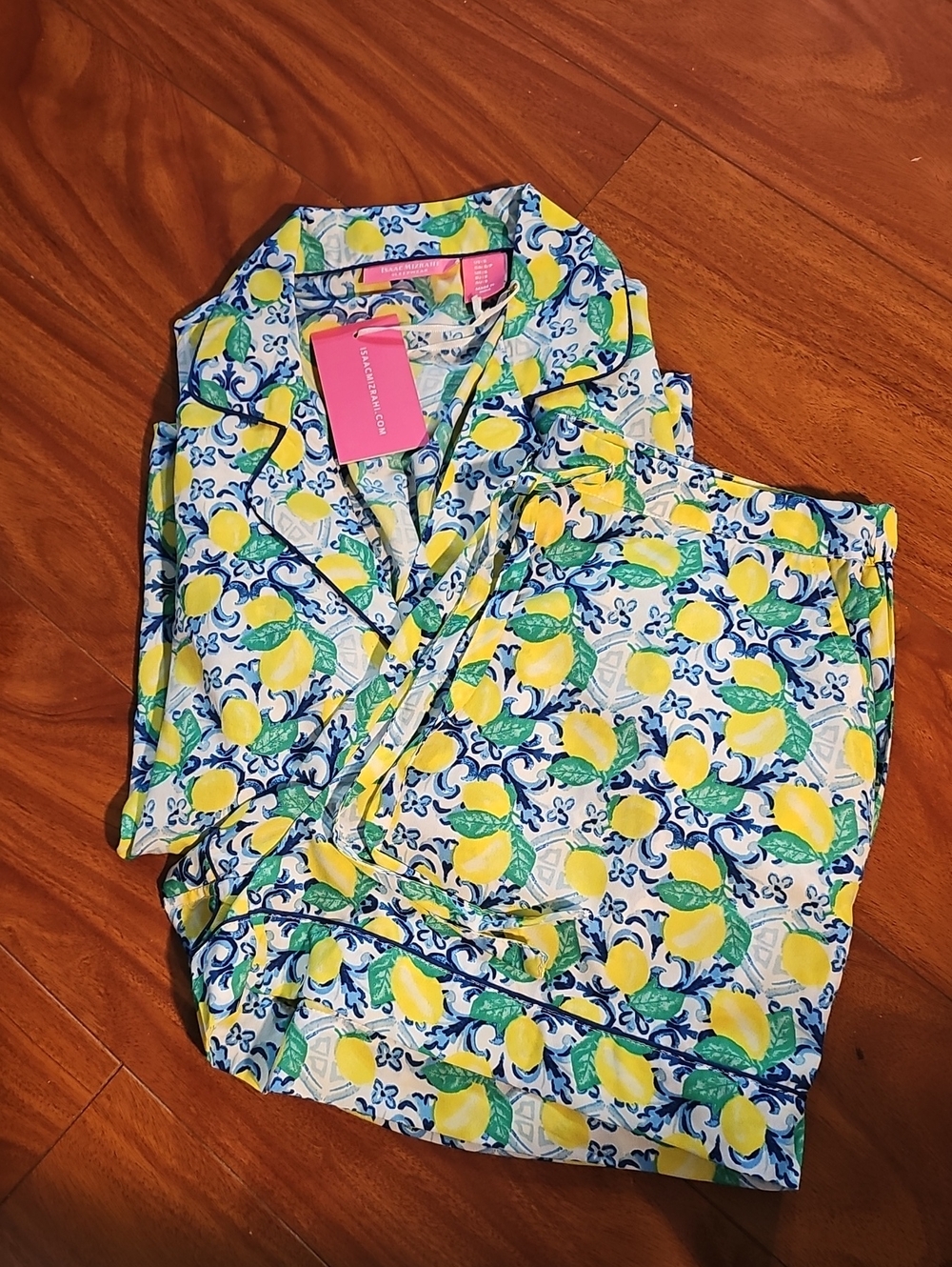 NWT Isaac Mizrahi Short Sleeve Lemon Pajama Set Blue Mediterranean Tile Print